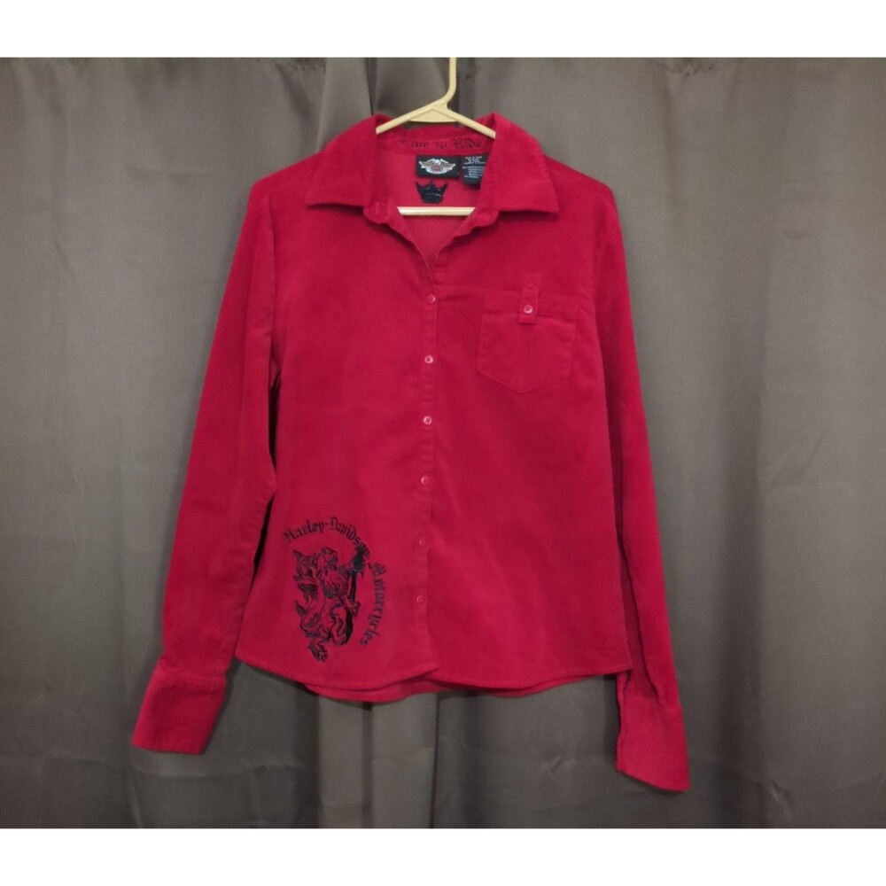 Harley Davidson Womens Small Long Sleeve Dragon Sword Velvet Shirt Red Biker XL